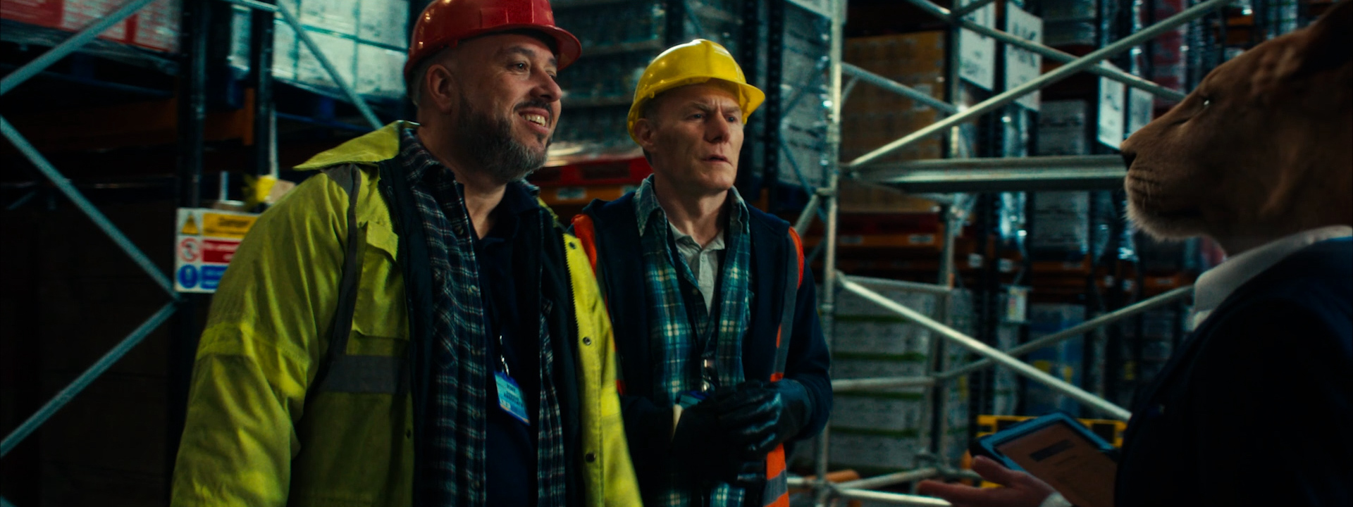 Construction workers talking to lion lawyer