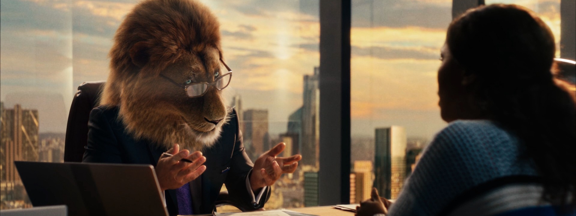 Lion lawyer explaining in front of window